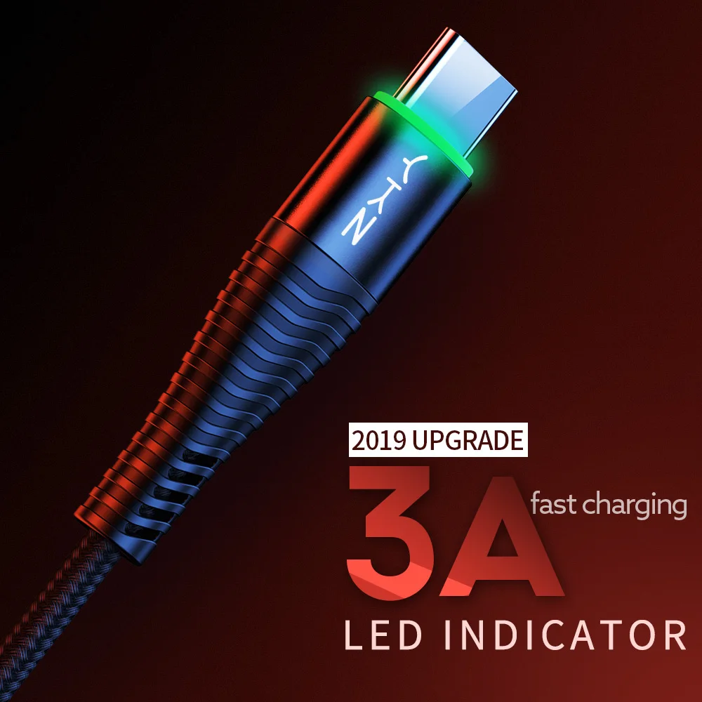 Кабель YKZ USB Type C светодиодный 3 А для быстрой зарядки кабель Samsung S10 Xiaomi mi9 HUAWEI USBC c
