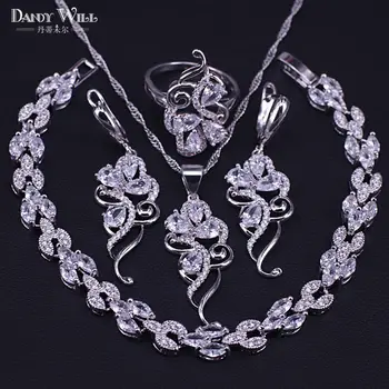 

Ring Bracelet set Silver Color Female Jewelry Sets 5 Colors AAA Zircon Leaf Shape Necklaces Drop Earrings Jewelry Sets