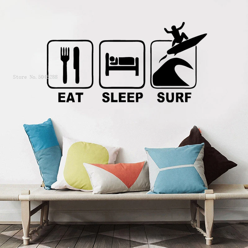 Eat Sleep Surf Wall Decal Surfing Sports Decals Surfboard Sticker Decor For Kids Bedroom Nursery Room Wallpaper Vinyl Art Y010 | Дом и сад