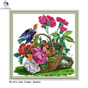 

Birdie and flower basket counted cross stitch kit 14ct 11ct canvas printing set DIY animal pattern embroidery needlework crafts