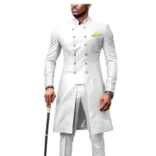 African Suit for Men Dashiki Long Jackets and Pants 2 Piece with Kerchief Double Breasted Slim Fit Formal Outfits Coats