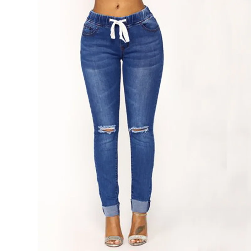 

3Y New Autumn And Winter European And American Mid Waist Drawstring Waist Slim And Worn Jeans jacket women
