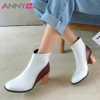 

ANNYMOLI Ankle Boots Woman High Heel Boots Round Toe Chunky Heel Shoes Zip Short Boots Ladies Autumn Winter White Black Size 46
