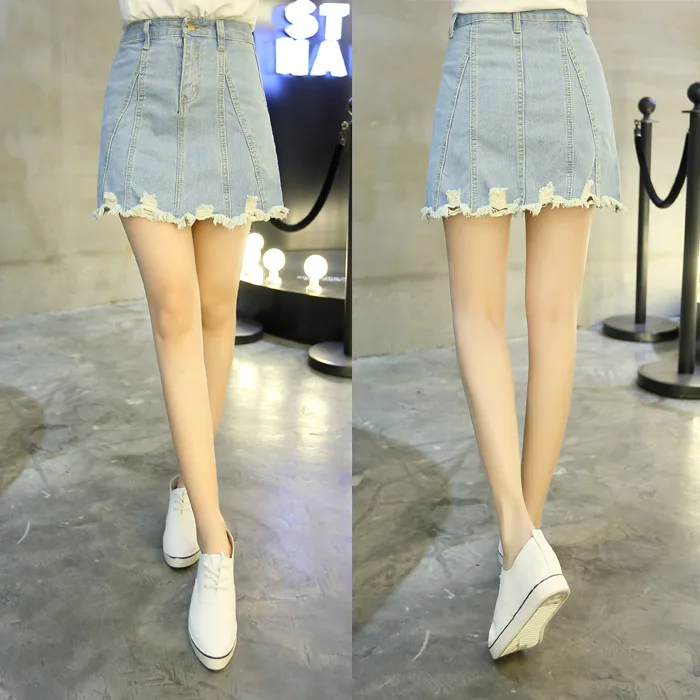 

1618 # Korean-Style Large Size High-waisted A- line Skirt Versatile Students Zipper with Holes Denim Skirt Women's Half Length S