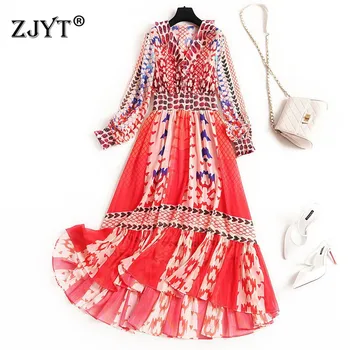 

High Quality Spring Dress 2020 New Fashion Woman Clothes Designers V Neck Ruffle Indie Folk Print Midi Beach Chiffon Dresses