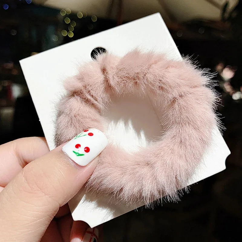 liPink Fashion Fur Ponytail Holder Headband Sweet Plush Hairbands Girl Colorful Women Soft Elastic Scrunchies Rubber Hair Accessories - Цвет: liPink