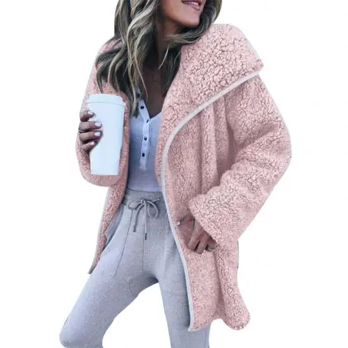 Новая женская верхняя одежда с длинным рукавом и отложным воротником, шерстяное пальто, зимнее женское однотонное плотное флисовое пальто с отворотом - Цвет: Розовый