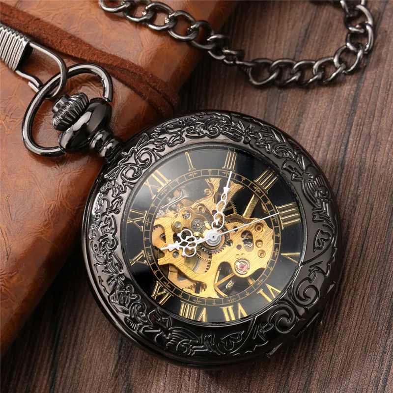 Gold Roman Numerals Transparent Glass Cover Men's Handwinding Mechanical Pocket Watch Pendant Clock with Black Fob Chain Gift