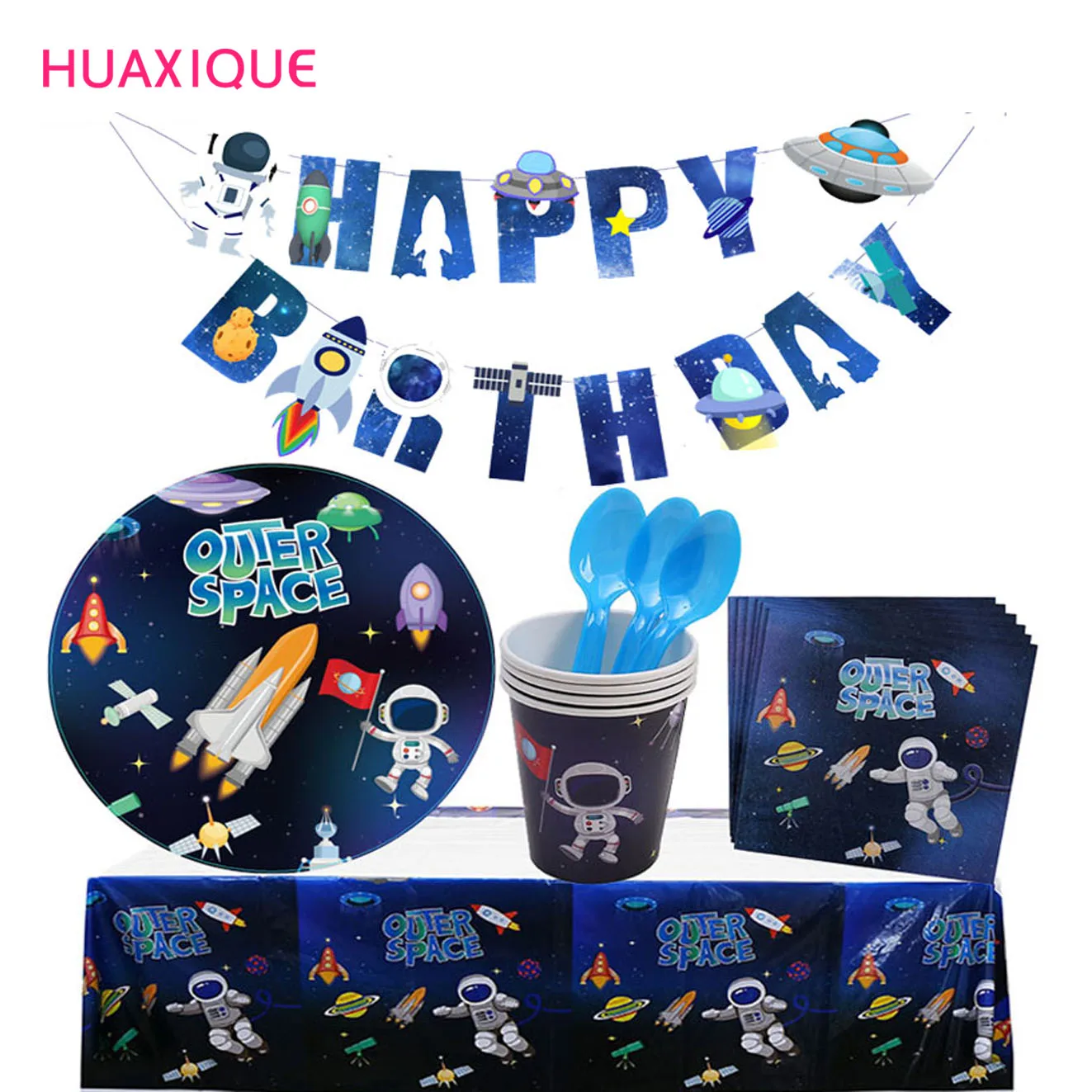 

16X Happy Brithday Banner Space Planet party Plate Napkins cups Tableware Astronaut Happy Birthday Party Supplies Universe Decor