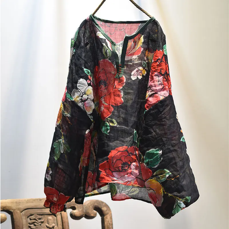 Women Ramie Printed Blouse Tops Female Vintage Print Ramie Latern Sleeve Shirts Ladies 2020 Spring Summer Ramie Shirt Tops 5