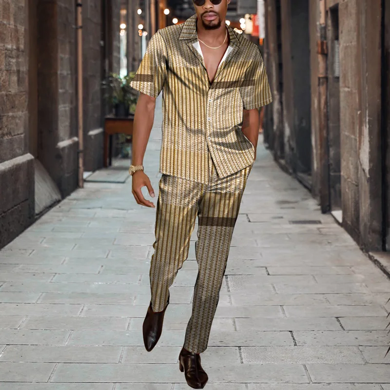 

2022 Spring Summe Men's Short-Sleeved Shirt Male Casual Trousers Two Piece 3D Striped Pattern Print Youthful Vitality Home Style