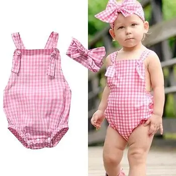 

Plaid Jumpsuit Infant Newborn Baby Girls Pink Sleveless Summer Boho Bodysuit With Bow Headband Jumpsuit Outfits Clothes 0-24M