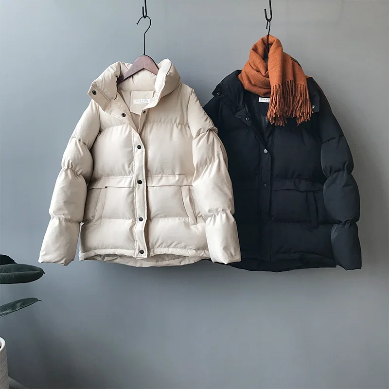 

Hot Sale Down Jacket Pure Color with Thick Down Clothes Stand Collar Cotton-padded Jacket White Black Women Loose Thick Clothes