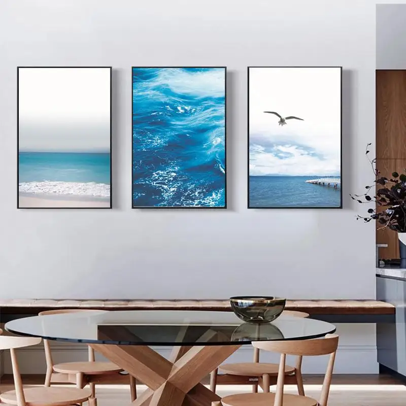 Stile Minimalista Nordico Seascape Photography Wall Painting Frameless Canvas Printing Beach Seagull Decoration Poster