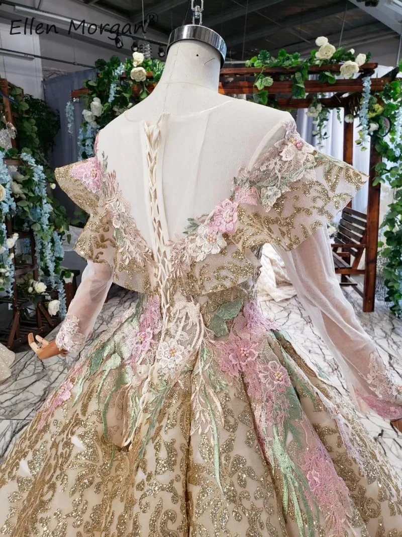 Arabic Bestidos De Gala Glitter Gold Prom Dresses Long Sleeve Boat Neck Floor Length African Black Girls Pageant Ball Gowns