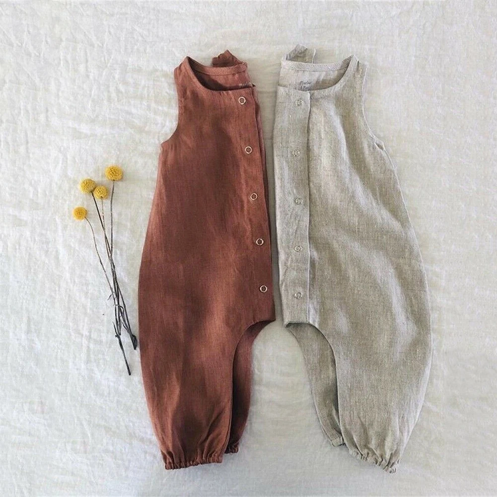 

Newborn Baby Boy Girl Cotton Linen Romper Solid Sleeveless Striped Jumpsuit Outfit Summer Casual Clothes 0-24M