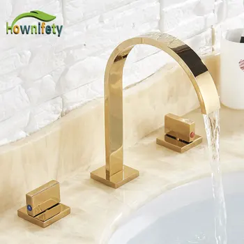 Golden Bathroom Basin Faucet Hot and Cold Water Faucet Three Holes Two Handle Mixers Tap Deck Mount Wash Tub Fauctes
