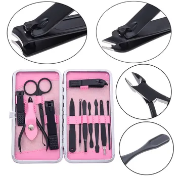 

12 PCS Pedicure Manicure Set Nail Clippers Cleaner Cuticle Grooming Case Flower Black Frosted Beauty Manicure Rhinestones Set