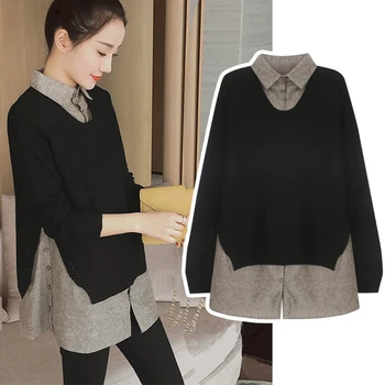 

false two pieces knitted women sweater and pullovers black loose office lady elegant pulls outwear coat tops
