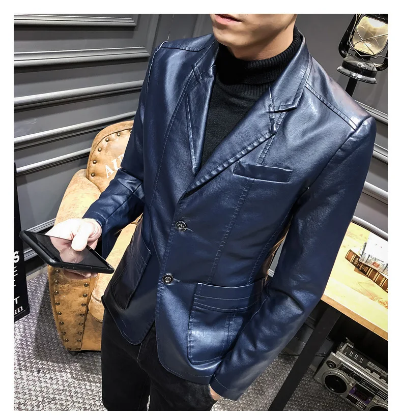 Мужское кожаное пальто с воротником в Корейском стиле, приталенная повседневная куртка из искусственной кожи, весеннее и осеннее тонкое пальто