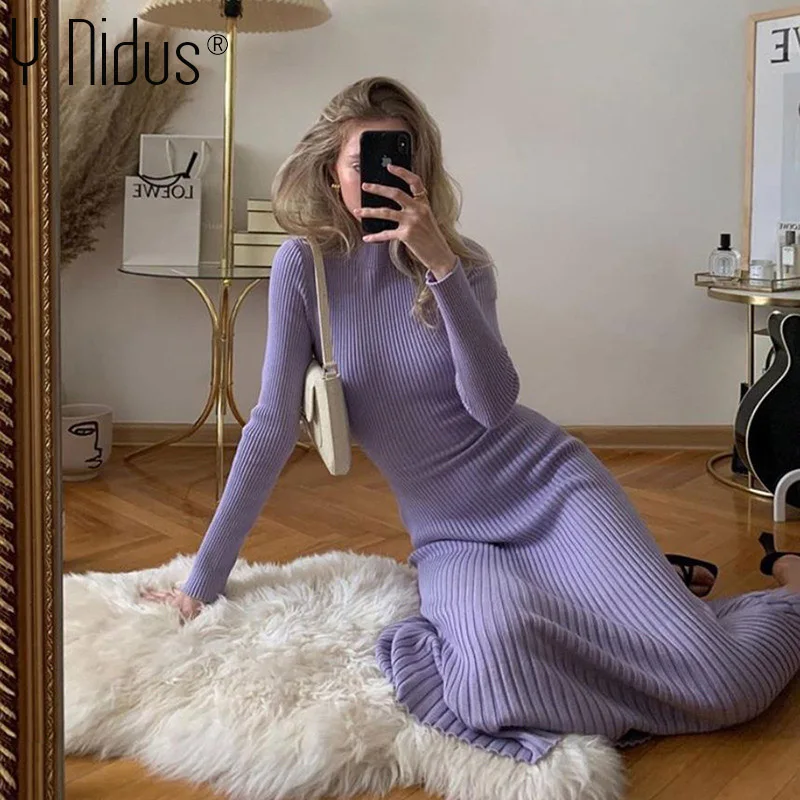 Women Knitted Maxi Dress 2020 Autumn Sexy Backless Tie Sheath Bodycon Dresses Turtleneck Solid Black Warm Woman Clothes Vestido