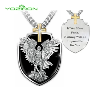 

Yoziron Exquisite Viking Jewelry Mens Necklace Archangel St Michael the Medals Angel Wings Faith Cross Pendant Necklace Charm