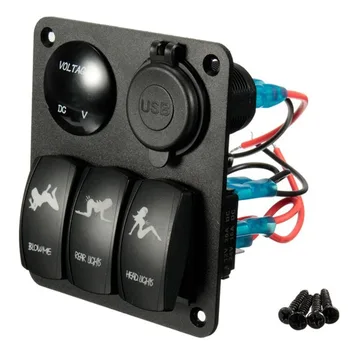 

5 Pin 3 Gang LED Rocker Switch Panel with Digital Voltmeter Dual USB Char HS