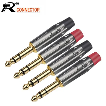

100pcs Jack 6.35mm Connector Gold Plated 6.35mm 3 Poles Stereo Male Plug Wire Connector 1/4" Microphone Plug 5Pairs Red+Black