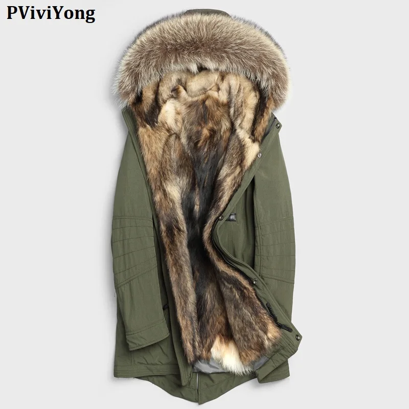 PViviYong winter high quality real Leather jacket men,Raccoon fur collar wolf liner real fur coat men parka P-12-15002 - Цвет: Армейский зеленый