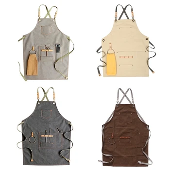 

Chef Apron Cotton Canvas Cross Back Adjustable Apron with Pockets for Women and Men, Kitchen Cooking Baking Bib Apron