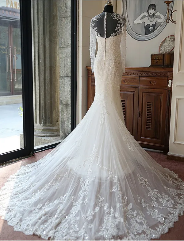 Vestido De Noiva Иллюзия сзади Русалка свадебное платье с длинным рукавом Кружева свадебное платье Vestido De Casamento свадебное платье