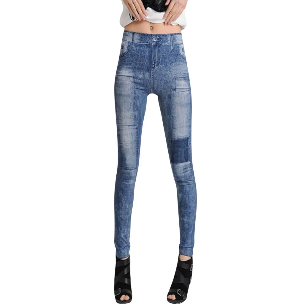 Blue Fashion Women Casual Pants High Waist Stretch Clothes Patch Print Slim Leggings Winter Dropshipping free shipping fashion W - Цвет: Blue