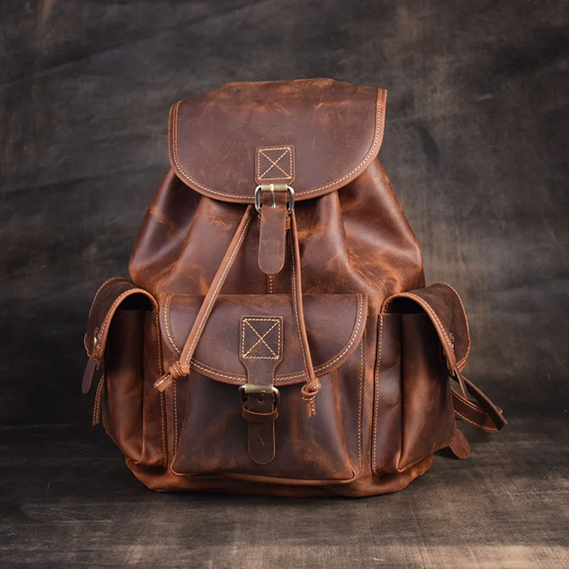 

Men Retro Backpack Full-grain Leather Horse Leather Outdoor Cool WOMEN'S Bag Pull-belt Genuine Leather Backpack