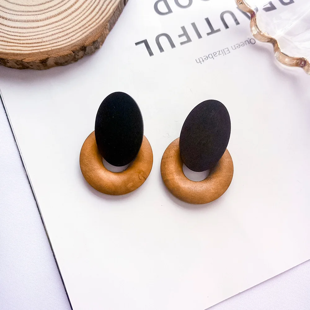 Новые минималистичные винтажные коричневые акриловые деревянные объемные длинные серьги для женщин античные круглые большие висячие серьги подарок