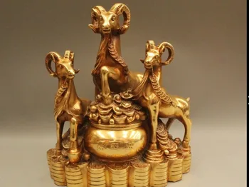 

zhmui880062905*<<++11" Chinese Feng Shui Brass Wealth Zodiac Year Three Sheep Treasure Bowl Statue
