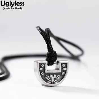 

Uglyless Lock Design Solid 990 Pure Silver Lotus Necklaces with Leather Rope Chains Semicircle Thai Silver Pendants Jewelry XI