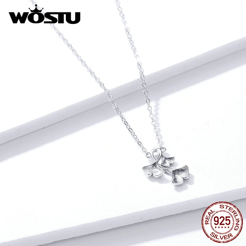 WOSTU Новое поступление Настоящее 925 пробы Серебряное ожерелье в виде листьев гинкго Длинная цепочка для женщин Свадебные модные украшения подарок BNN156