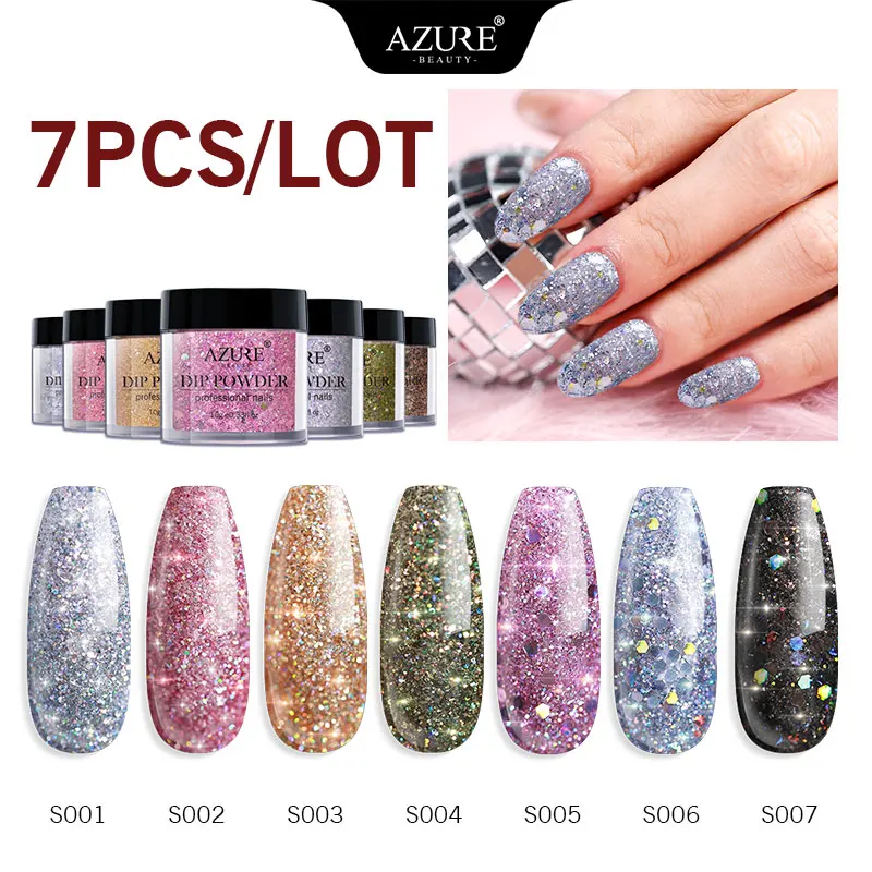 Azure beauty, 7 шт./лот, Блестящие Блестки, система Dip, порошковая голографическая блестящая пудра для ногтей, набор, градиентный цвет, порошок для ногтей