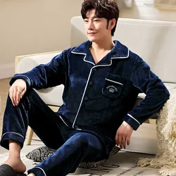 Sleepwear Men Thick Long Sleeve Pajamas Set  Autumn Winter Flannel Warm Home Loose Casual Sleepwear Button Up Pajama Set
