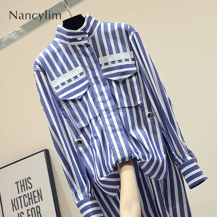 

Long Striped Chiffon Shirt Woman 2019 Autumn New Korean Loose Irregular Blouse Girls Ladies Street Ong Sleeve Stand Neck Blusas