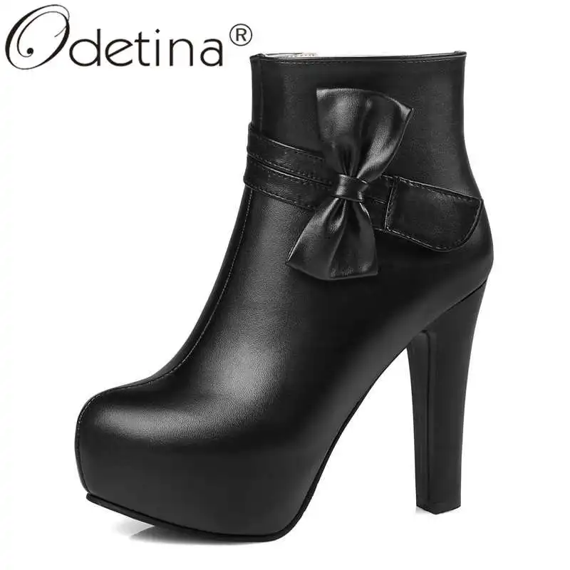 

Odetina Women Fashion Winter Bow Hook Loop Platform Short Boots Female Block Extreme High Heel Round Toe Side Zipper Ankle Boots