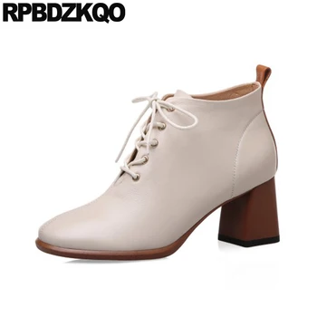 

boots booties elegant chunky luxury brand shoes women high heel square toe winter beige autumn block genuine leather vintage