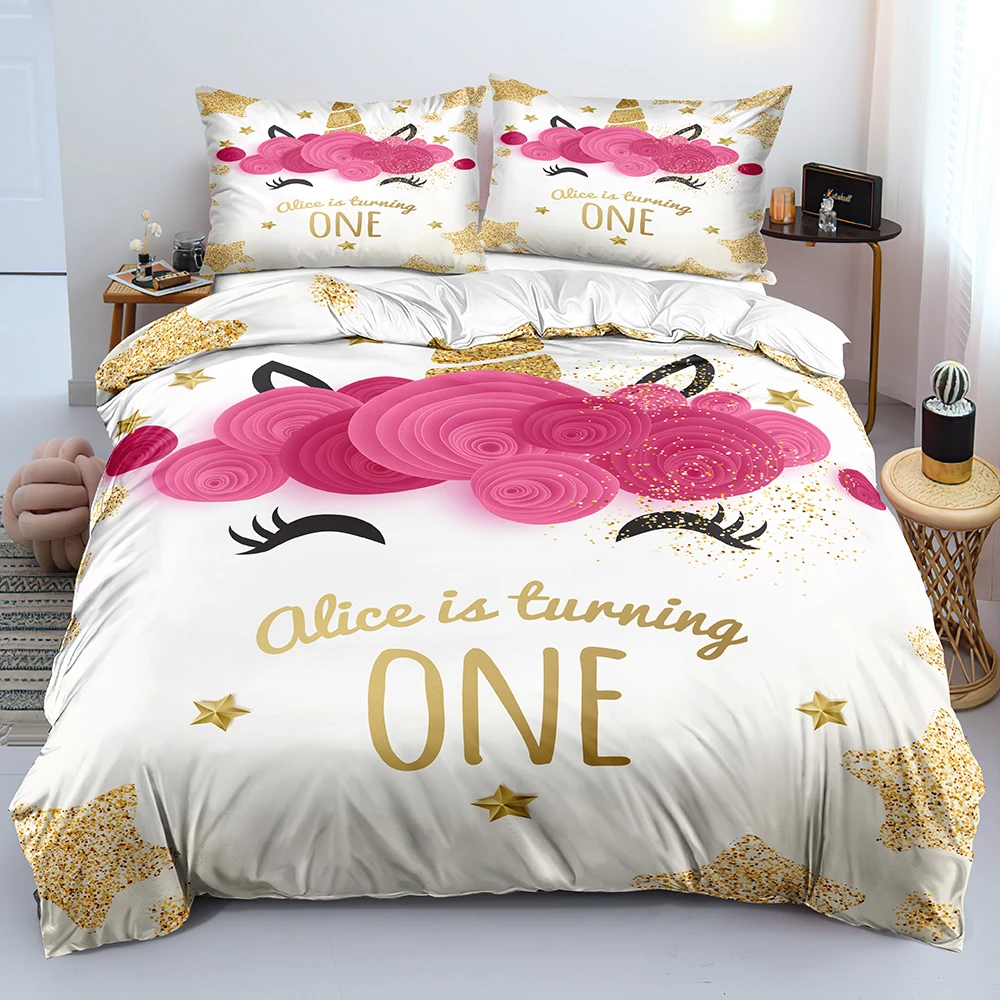 High Quality Cartoon Unicorn Quilt Cover Set Bedclothes Twin Full/Double Queen King Smooth Close Skin Rose Pattern Customized king size comforter