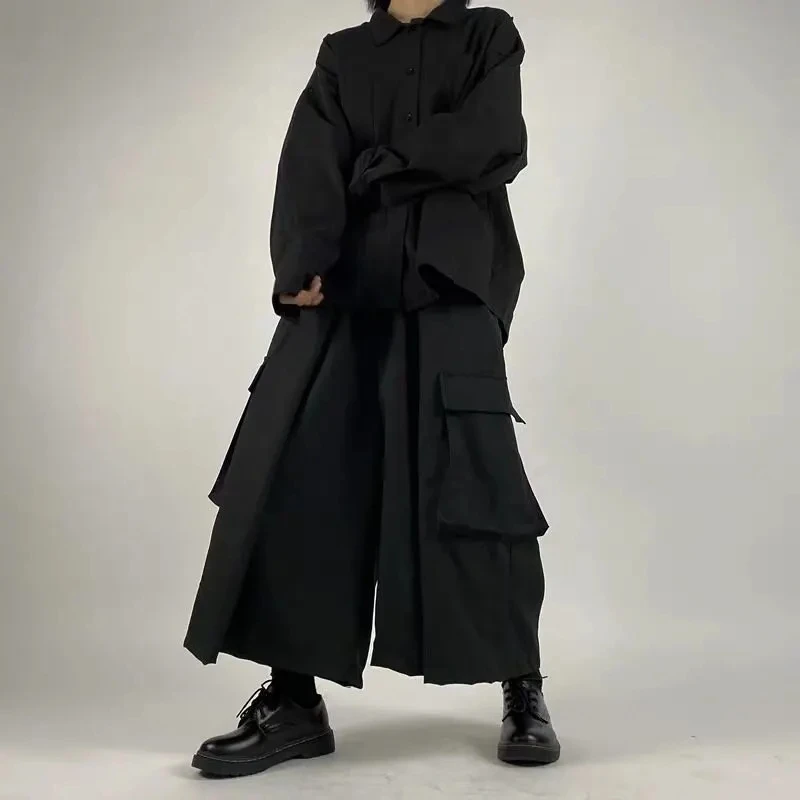 Large swing high-quality black wide-leg pants with slits female summer fall feeling nine-point tooling large pocket hakama trend