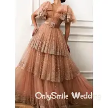 Пыльный украшенный розовым бисером тюлевые платья для выпускного вечера v-образный вырез короткий рукав Многоуровневая юбка бледно-розовое вечернее платье с поясом шикарные вечерние платья