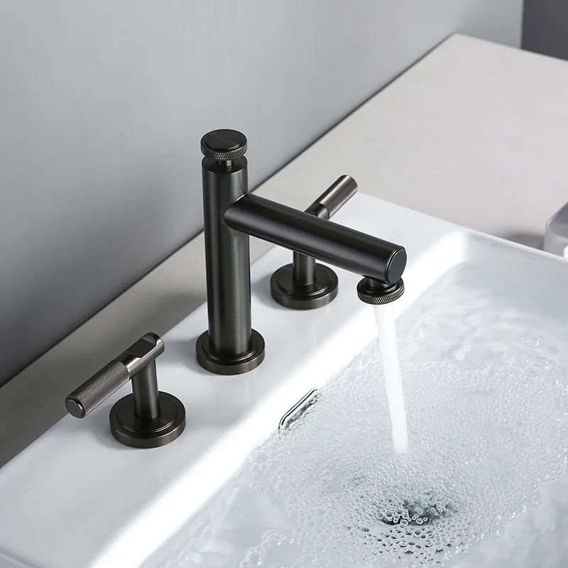 Bagnolux 3 Holes Faucet Matte Black Hot And Cold Water Faucet Round Three Hole Solid Brass Mixed Double Switch Basin Faucet