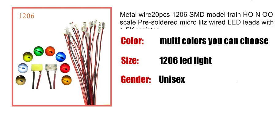 Металлическая проволока 20 шт. 1206 SMD модель поезда HO N OO шкала предварительно припаянная micro litz проводной светодиодный провод с резистором 1,5 K