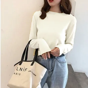 

ROPALIA Lady Solid Form Slim Fit Tee Women Vintage Turtleneck Casual Long Sleeve Pullovers 2019 Autumn Female Tops