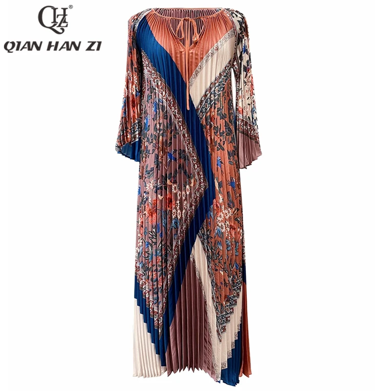 

Qian Han Zi Spring/Autumn Designer Fashion Women Dress Flared sleeves vintage Flower print Loose holidays Long pleated dress