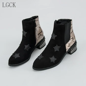 

Plus Size 34-48 New Women Martin Boots Round Toe PU Leather Boots Shoes Ladies Combat Pentagram Mixed Colors Classic Ankle Boots